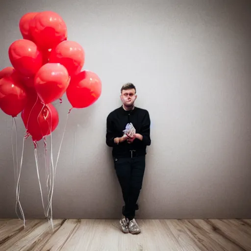 Prompt: man with a cactus head in a room full with red balloons