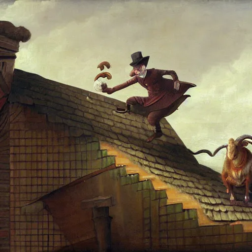 Image similar to a nervous rich mayor gambling his roof for a discouraged goat, art, matte painting,