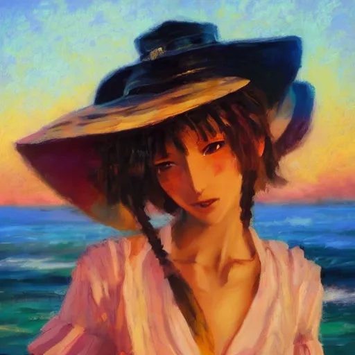 Image similar to Beautiful portrait of Kirisame Marisa at sunset on the beach, touhou project, oil painting by Antoine Blanchard, sold at an auction, oil on canvas, official artwork , wide strokes, pastel colors, soft lighting