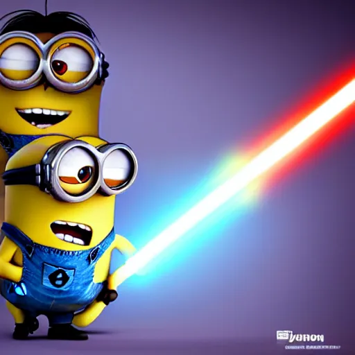 Prompt: the minions having a lightsaber duel with the minions,