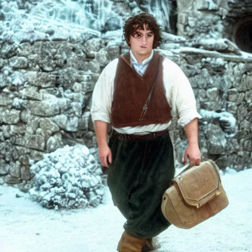 Image similar to frowning clean shaven pudgy British lad with short curly dark brown hair as a hobbit wearing a white men's crossbody sling chest bag and blue vest, blue vest!! white crossbody chestbag!! high resolution film still, movie by Peter Jackson