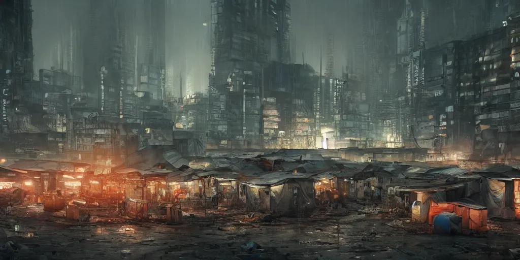 Image similar to dystopian city with endless refugees tents on different heights of huge ruined buildings, neon lights, sci - fi, night lights, rain and haze, concept art, intricate, photorealistic, in the style of katsuhiro otomo, akira, octane render, rtx, hdr, unreal engine