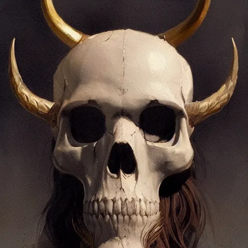 Prompt: a beautiful artwork profile portrait of a viking skull with horns study by greg rutkowski , featured on artstation, norse mythology, valhalla