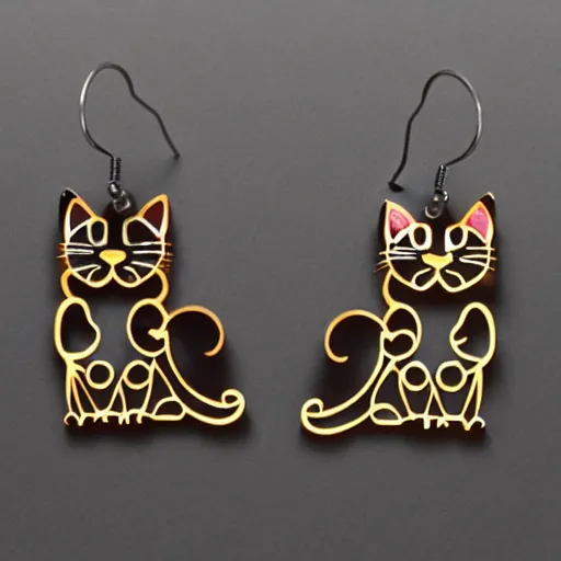 Image similar to 2d cat earrings, laser cut, in the style of mucha, unreal engine, studio lighting