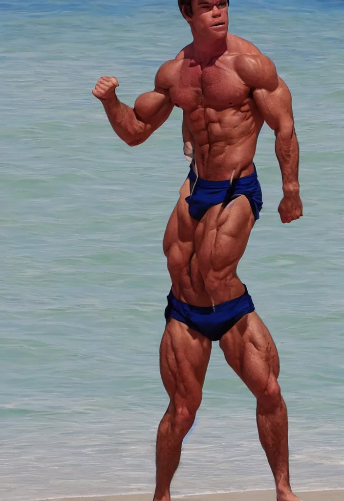 Image similar to Dexter Morgan flexing his muscles at a beach in Miami, highly detailed, male body, body physique study, muscular