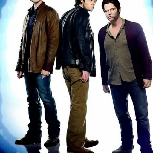 Image similar to sam winchester, dean winchester and castiel from supernatural in an epic pose with epic lighting