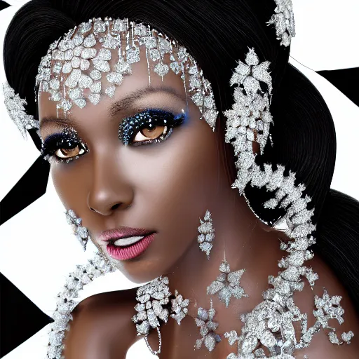 Image similar to portrait of wonderful princess of white diamonds with dark skin, white flowers, ornate with white diamonds, 8 k, gorgeous, intricate, detailed, glowing white accent lighting, dramatic lighting, octane render