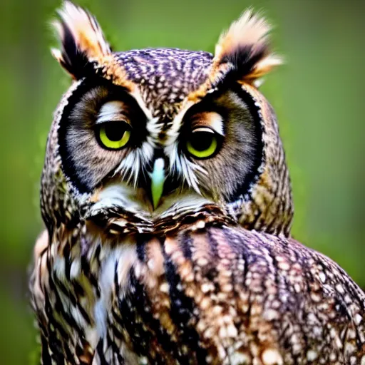 Image similar to beautiful furry owl portrait, furry woman