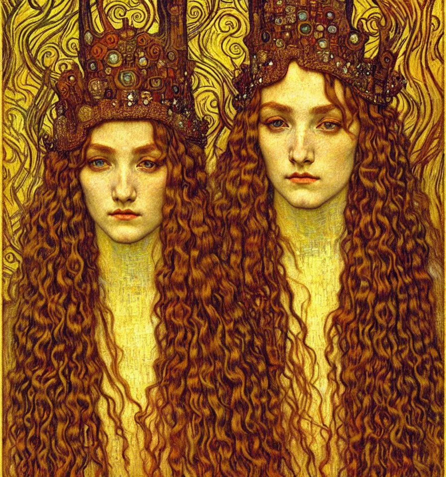 Image similar to detailed realistic beautiful young medieval queen face portrait by jean delville, gustav klimt and vincent van gogh, art nouveau, symbolist, visionary, gothic, pre - raphaelite, muted earthy colors, desaturated