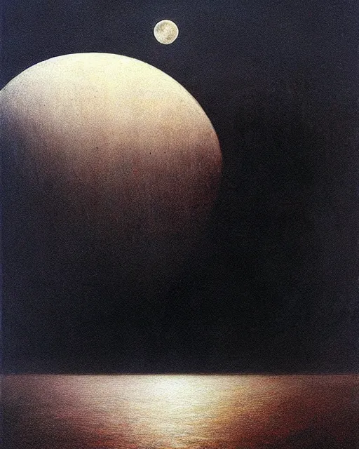 Prompt: beksinski painting. moon fall over the ocean by zdzislaw beksinski, oil on canvas