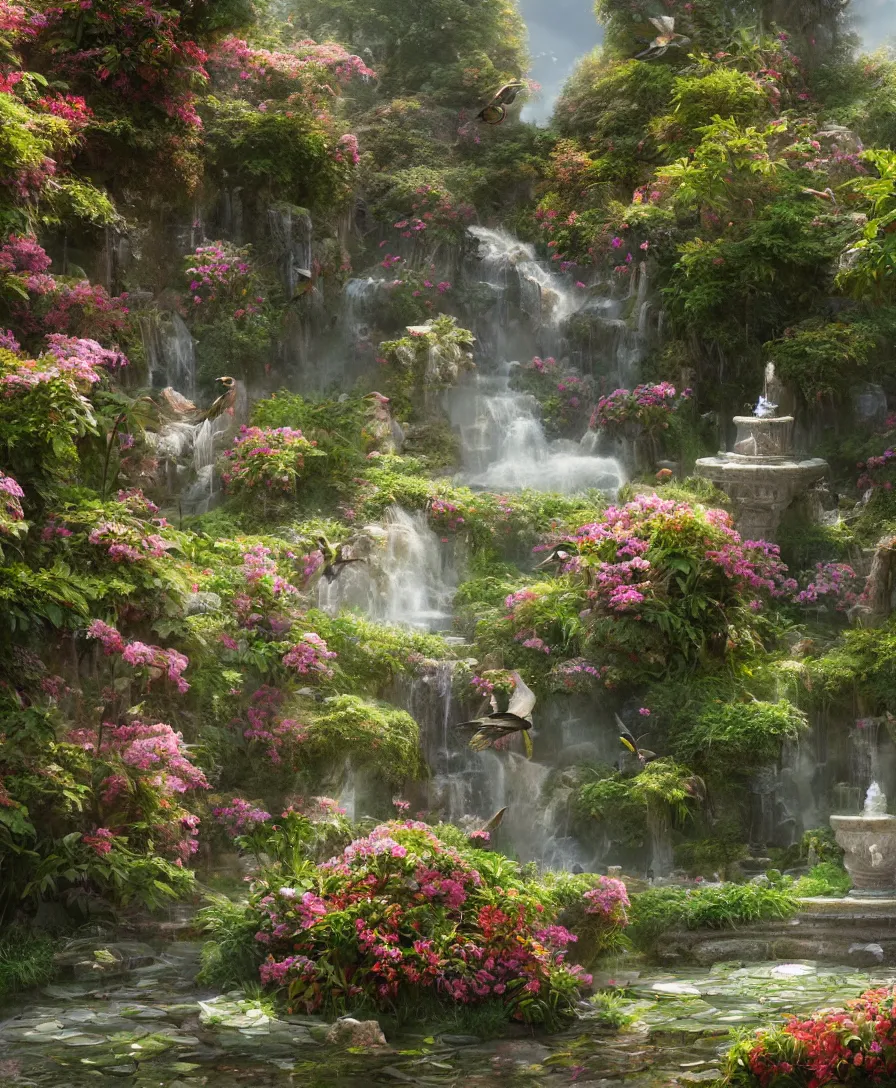 Image similar to Hyperrealistic Secret flower garden, water fountain, birds flying, fantasy, highly detailed, digital painting, trending artstation, concept art, illustration, art by Greg Rutkowski, octane render