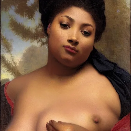 Prompt: Portrait of a beautiful large breasted woman, vanessa blue, by William-Adolphe Bouguereau, orientalist painting, trending on bbwchan! African ebony, oil on canvas, lingerie