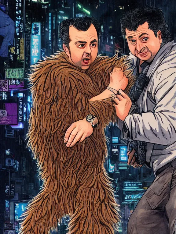 Prompt: rich evans defends mike stoklasa from a crackhead wookie in neo tokyo, hyperrealistic, 4 k, ultra detailed, intricate detail, photorealistic.