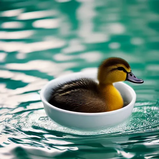 Image similar to cute duckling swimming in a small bowl of water, photography, minimalistic, 8 k