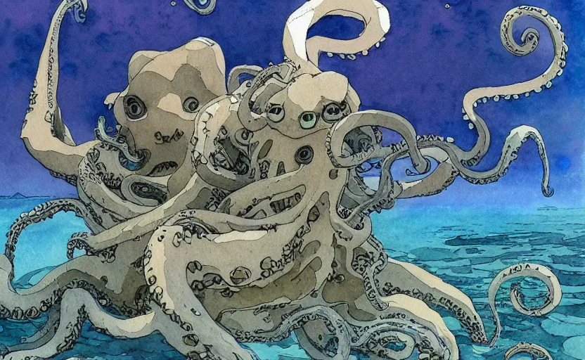 Image similar to a hyperrealist studio ghibli watercolor fantasy concept art. in the foreground is a giant grey octopus lifting a stone. in the background is stonehenge. the scene is underwater on the sea floor. by rebecca guay, michael kaluta, charles vess