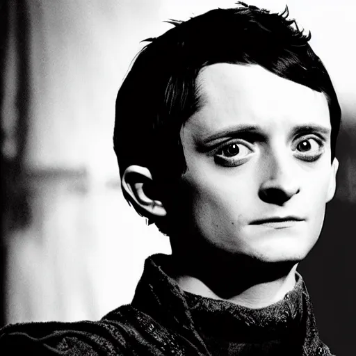 Image similar to Elijah Wood as Harry Potter casting a spell, wizard, robe, wand