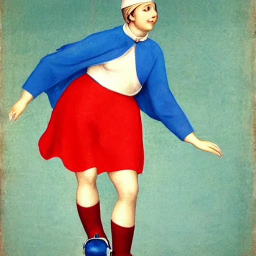 Image similar to blonde nun in blue clothes on roller skates, body shot, in the style of michaelangelo