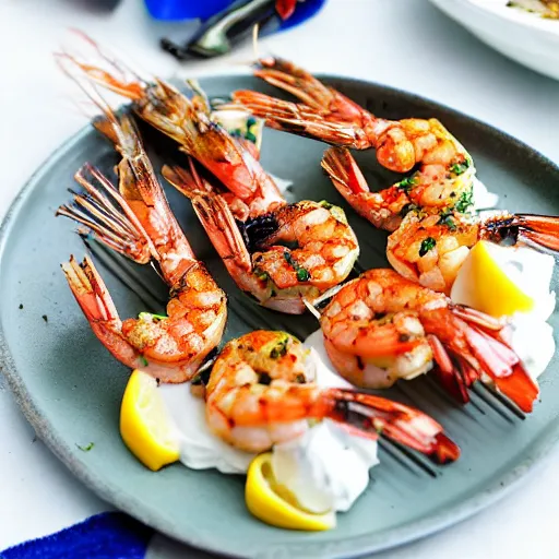 Image similar to cookbook photo of grilled prawns topped with whipped cream and rainbow sprinkles