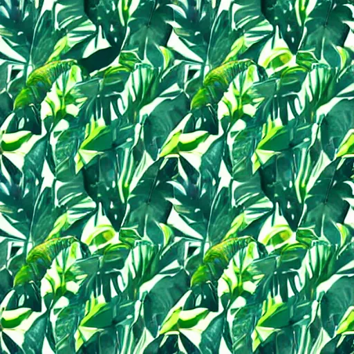 Image similar to repeating pattern seamless. watercolor. tropical palm leaves, warm light, green, flat color hyperrealistic, detailed