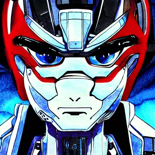 Prompt: robotic face, mecha face, anime style, akira style, watercolors, black and blue colors