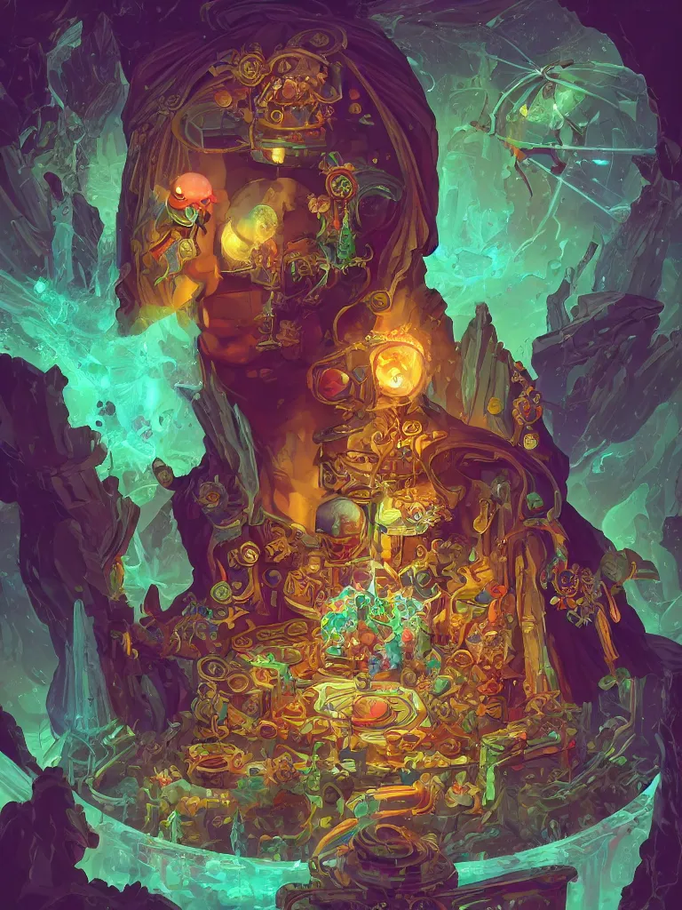 Image similar to portrait of jewel djinn alchemist in loot chamber filled with magic items in the style of Rob Lefield and Dan Mumford , trending on artstation, digital art,surrealism ,macro,blueprint ,vaporwave ,