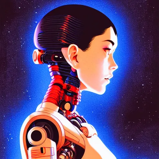 Image similar to side portrait scifi cyborg girl with robotic parts and spacesuit | | head only in center of image, audrey plaza, fine detail!! anime!! realistic shaded lighting!! poster by ilya kuvshinov katsuhiro otomo ghost - in - the - shell, magali villeneuve, artgerm, jeremy lipkin and michael garmash and rob rey