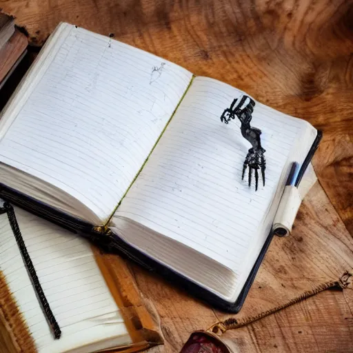 Prompt: a photo of hand skeleton above a dusty diary book, cover with web, rusty and old table