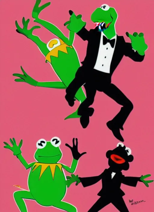 Prompt: poster artwork by Michael Whelan and Tomer Hanuka of The Muppet Show, Kermit the Frog and Miss Piggy doing the twist dance scene from the movie Pulp Fiction, pop art poster, vector art, posterized style, poster artwork by Michael Whelan and Tomer Hanuka