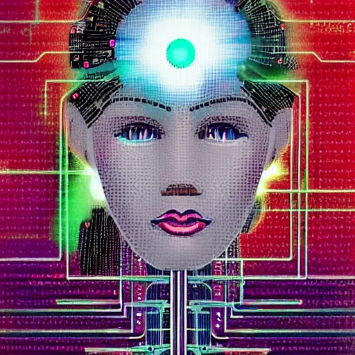 Prompt: the ethereal queen of technology bestows the gift of circuits to humanity.