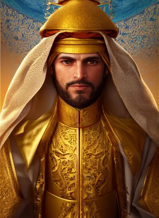 Image similar to portrait of sheikh ruler of dubai, dragon, head and torso only, cinematic lighting, studio quality, smooth render, unreal engine 5 rendered, octane rendered, art style by klimt and nixeu and ian sprigger and wlop and krenz cushart.