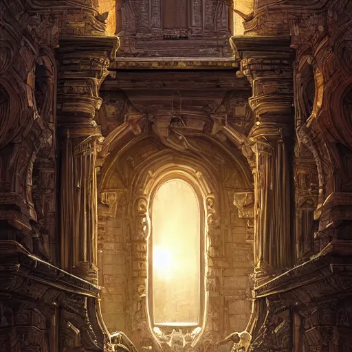 Image similar to carved futuristic door at the end of ancient ornate steps shows a large window to a city detailing the vast architectural scientific ancient and cultural acheivements of humankind, magical atmosphere, jorge jacinto, andreas rocha, damian kryzwonos, ede laszlo, christian reiske, trending on artsation, digital art, cinematic blue gold