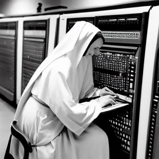 Image similar to award - winning photograph of a nun hunched over a computer while she hacks into the mainframe