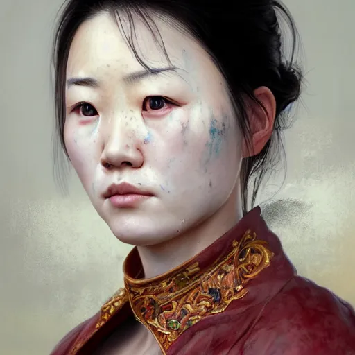 Prompt: portrait painting of a bloodied north korean female butcher, ultra realistic, concept art, intricate details, eerie, highly detailed, photorealistic, octane render, 8 k, unreal engine. art by artgerm and greg rutkowski and alphonse mucha