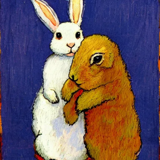 Prompt: a rabbit with short rabbit arms kissing an alpaca's cheek in the style of gifford beal