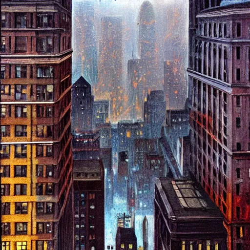 Image similar to muted color ultra realistic painting of 1 9 2 5 boston downtown at night viewed through a broken mirror, aerial view, dark, brooding, night, atmospheric, horror, cosmic, ultra - realistic, smooth, highly detailed in the style of clyde caldwell