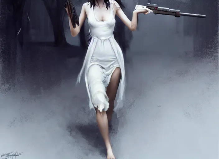 Prompt: white dress girl chasing from crazy grim reaper, holding a gun, messy hair, messy lines, scared face, beautiful and aesthetic and attractive, dramatic situation, specular reflection, occlusion shadow, intricate, bokeh, by ilya kuvshinov and jeremy lipking and quentin mabille