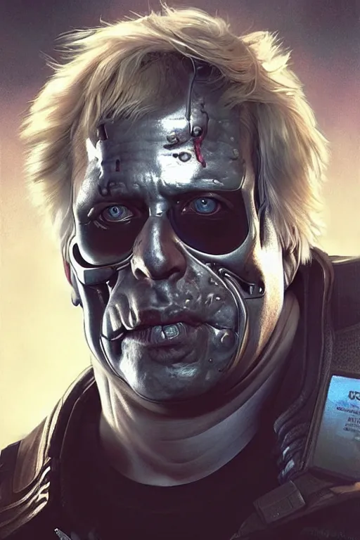 Image similar to Boris Johnson as Terminator, Boris Johnson hairstyle, full body realistic portrait, highly detailed, digital painting, artstation, concept art, smooth, sharp focus, illustration, cinematic lighting, art by artgerm and greg rutkowski and alphonse mucha