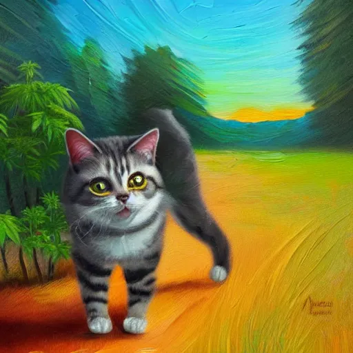 Prompt: a detailed oil painting of a smirking cat wandering through a field of cannabis plants, artstation, colorful, sunrise