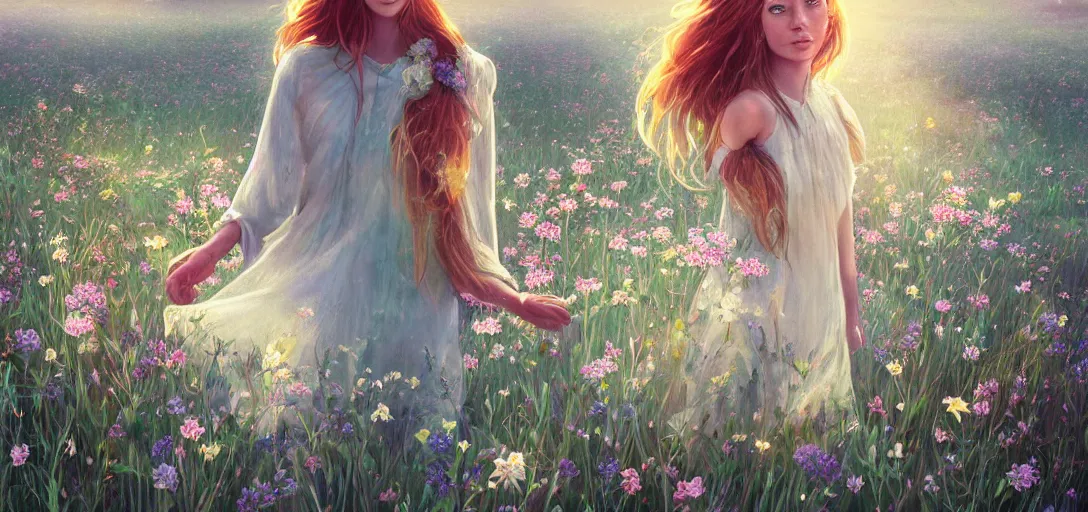 Image similar to a beautiful southern woman named Savannah, innocent, somber turquoise eyes, freckles, long ginger hair tied with white ribbon, relaxed in a field of flowers on a farm, gentle lighting, storm in the distance, western clothing, dress, digital art by Makoto Shinkai ilya kuvshinov and Wojtek Fus, digital art, concept art,