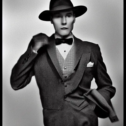 Image similar to A photograph portrait of Jerma985 wearing a suit with and fedora in the 1940s, taken in the early 1940s, grainy, taken on a 940s Kodak Camera, realistic, hyperrealistic, very realistic, highly detailed, very detailed, extremely detailed, detailed, digital art, trending on artstation