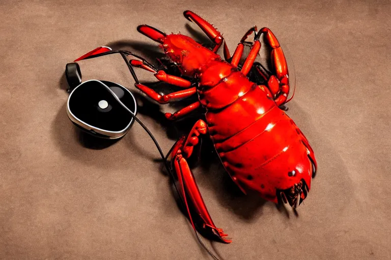 Image similar to commercial product photography advertisement for Salvador Dali’s Lobster Telephone, a black Rotary telephone with a red painted plaster lobster for a handle, Rear lighting, commercial studio lighting