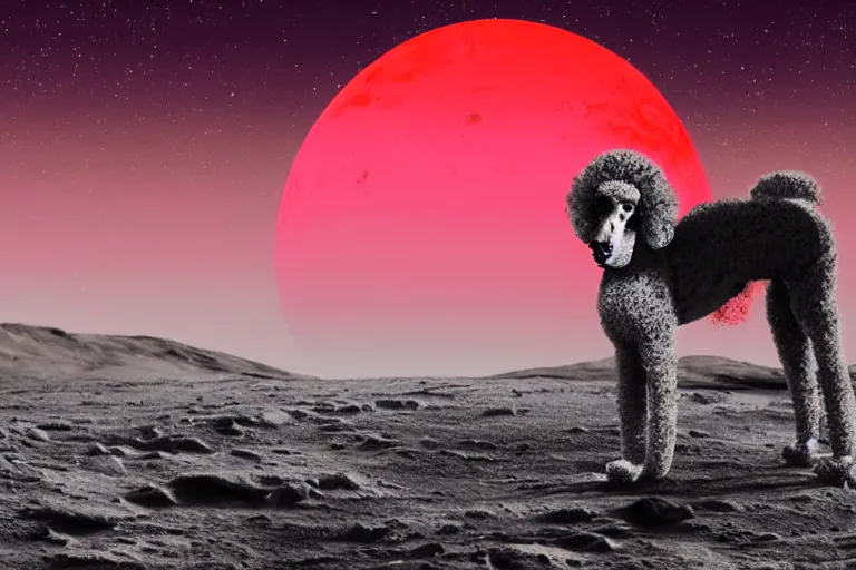 Prompt: a parti poodle with black and white fur laying down on mars. distant background, red lighting, digital art, acrylic, colorful, ominous, bleak, moonlight, bokeh, depth of field, synthwave, psychedelic, glitch, acrylic, flooko, detailed, cybernetic, sci-fi, glows,