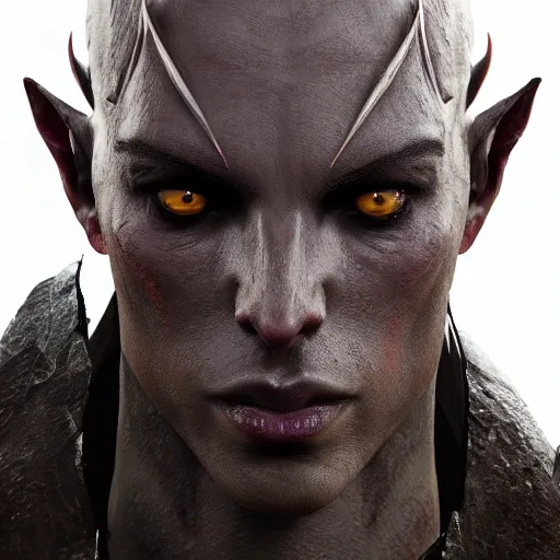 Image similar to hyperrealistic mixed media image of demon daedric prince from skyrim, dark complexion, stunning 3 d render inspired art by greg rutkowski and xiang duan and thomas eakes, perfect facial symmetry, flesh texture, realistic, highly detailed attributes and atmosphere, dim volumetric cinematic lighting, 8 k octane detailed render, post - processing, masterpiece,