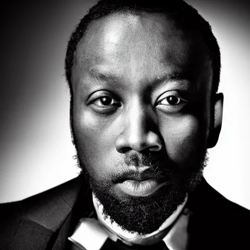 Prompt: a black and white photo of yorke in a suit, a portrait by John E. Berninger, behance, private press, ultrafine detail, chiaroscuro, studio portrait