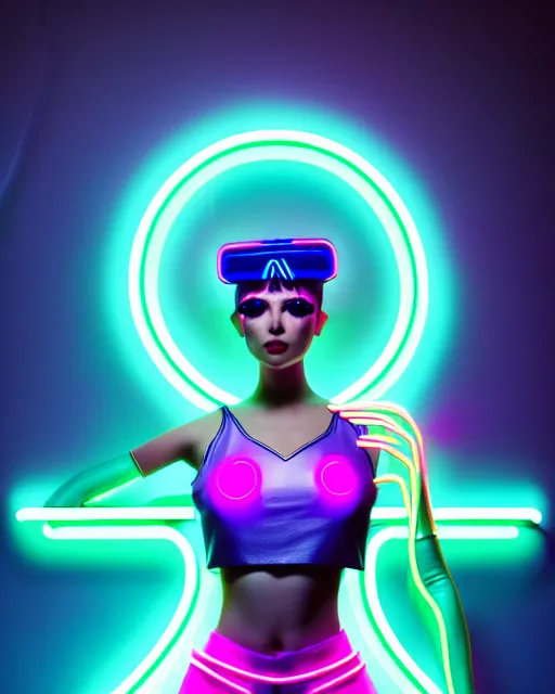 Prompt: ultra realistic photo of a cyber neon queen, retro futurism, full body pose, thick fancy eyeliner, hyper photorealistic, fashion photography, digital photography, trending on artstation, cinematic, 4 k ultra hd, art by pascal blanche, art by greg rutkowski