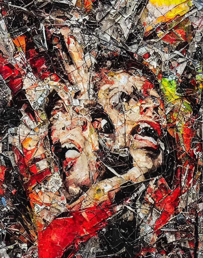 Prompt: screaming dynamism of icon detailed and highly reliefed analogue mixed media collage with canvas texture in style of contemporary art, punk art, photorealistic, expressionism, masterpiece, perfect composition, photorealistic beautiful face, spectacular quality, intricate details, shattered glass textures