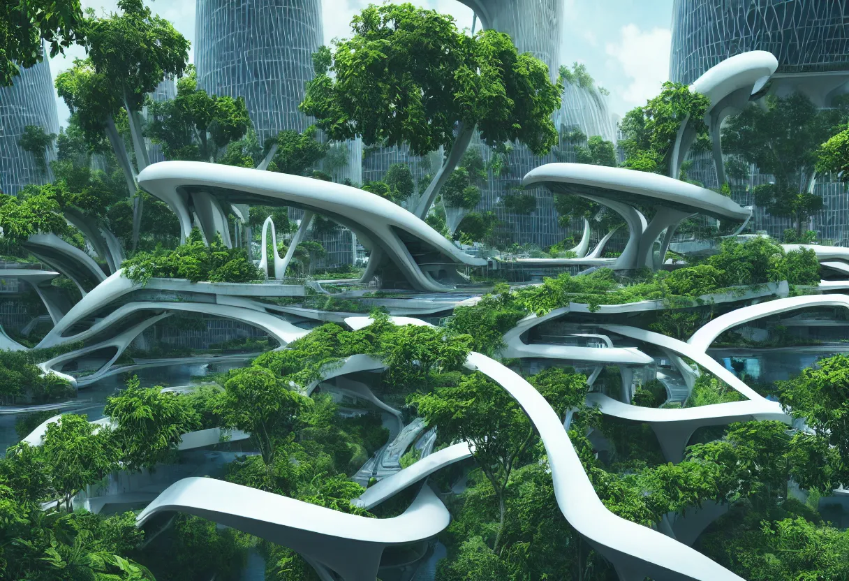 Image similar to futuristic architecture by zaha hadid, multi storey, connecting bridges, covered in lush foliage, surreal, ethereal bohemian garden, middle of gardens, cinematic shot, central square water feature, building inside the water, unreal engine, photorealistic, octane render