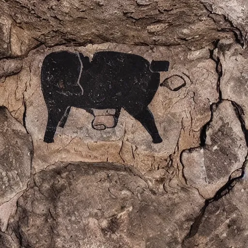 Image similar to ancient cave coal painting of bitcoin logo and few animals