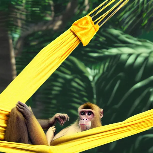 Image similar to digital art of a monkey laying in a hammock eating a banana, octane render, 8 k render, saturated, dynamic lighting