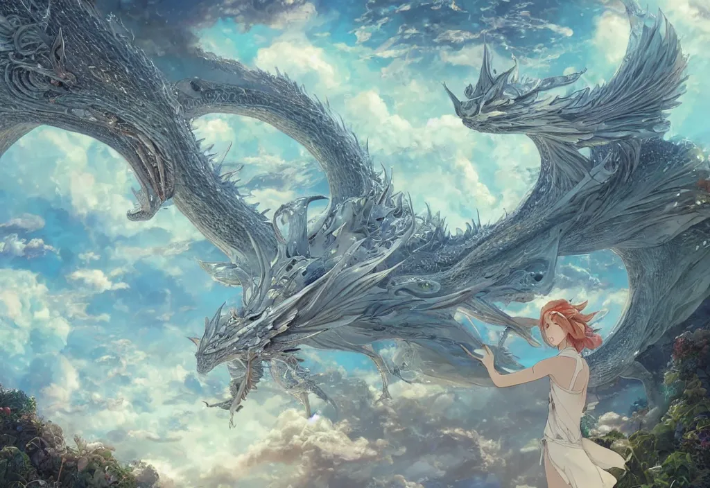 Image similar to the beautiful hyper detailed scene render that a lonely single beautiful girl lies in the arms of a huge silver dragon alone in the fairyland surrounded by white clouds, in the style of makoto shinkai victo ngai and peter mohrbacher studio ghibli artgerm karol bak beeple, cinematic, beautiful dream, psychedelic, animation style, 8 k hd